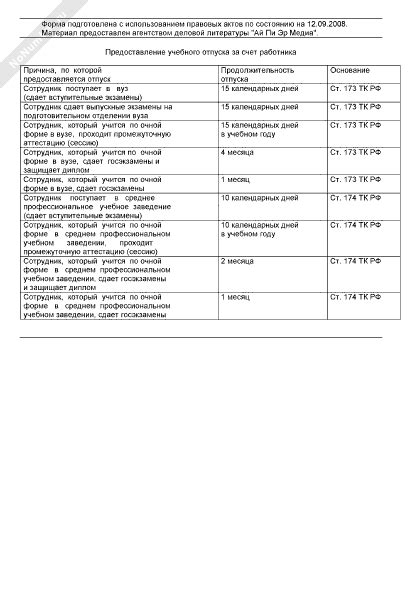 Возможность предоставления учебного отпуска